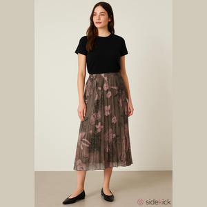 NWT Pistache Olive Maxi Skirt with Pink Floral Motif Pleated
